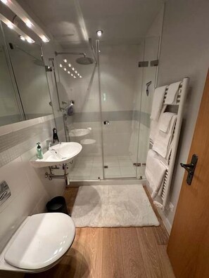 A modern bathroom with a glass-enclosed shower, a sink, and a toilet. - Modern Garden Chalet APT With SPA and Pool (Château-d’Œx)