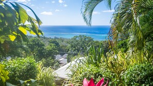 A lush tropical landscape with a view of the ocean. - Top Ridge Views 2 Bedroom Home (Roatan)
