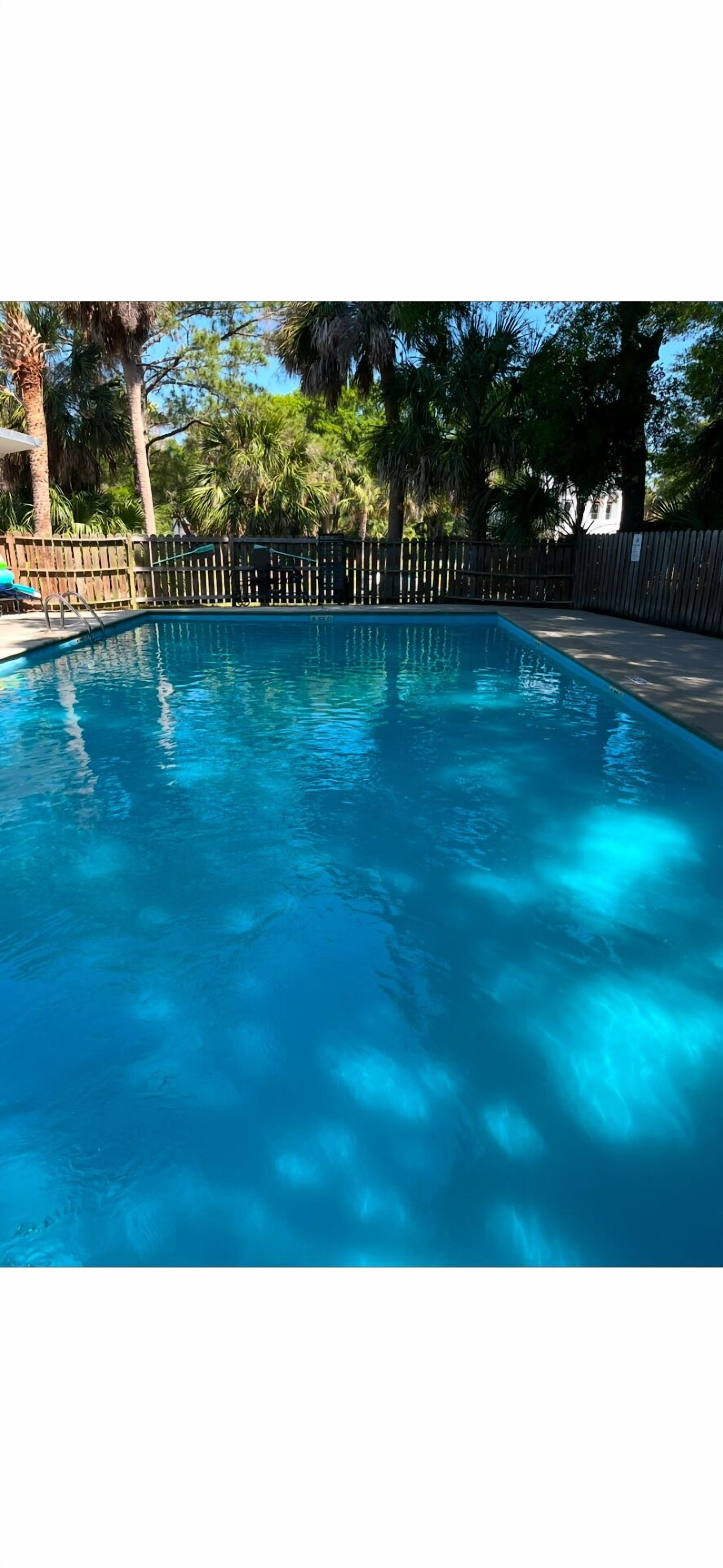 A clear blue swimming pool surrounded by a wooden fence and trees.