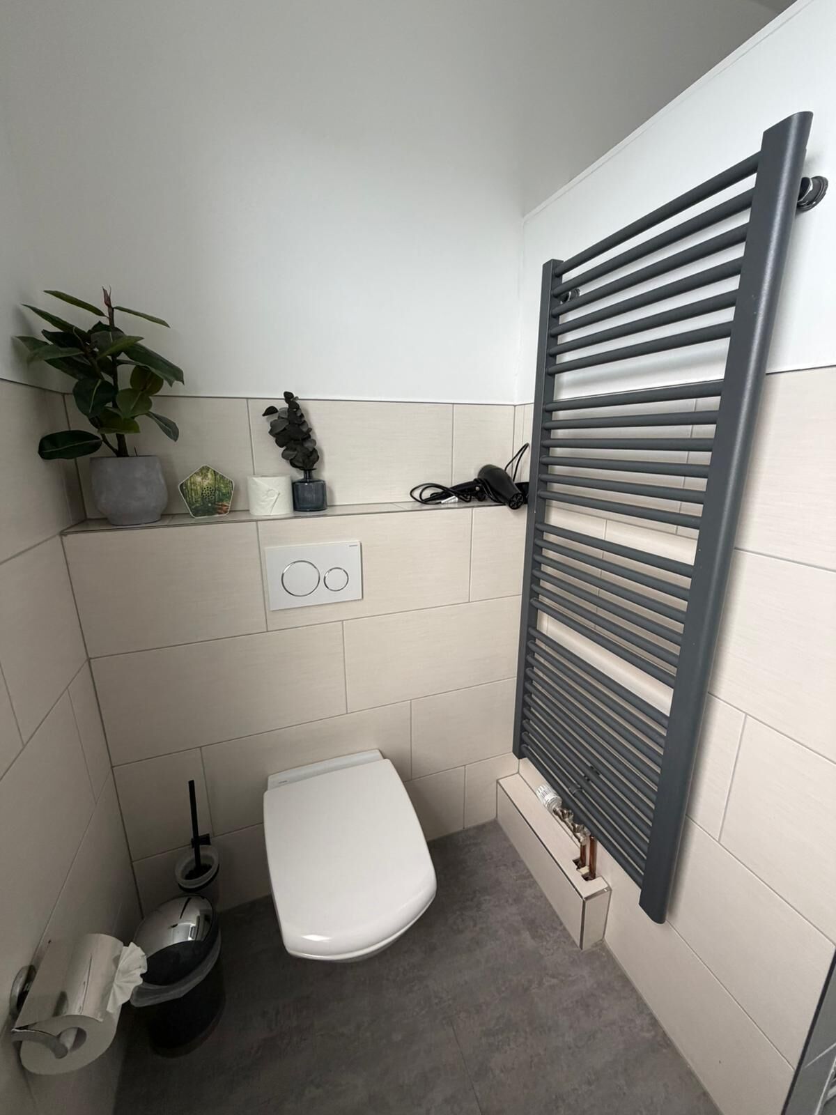 Ein kleines, modernes Badezimmer mit Toilette, Bidet, Handtuchspender und Heizkörper.