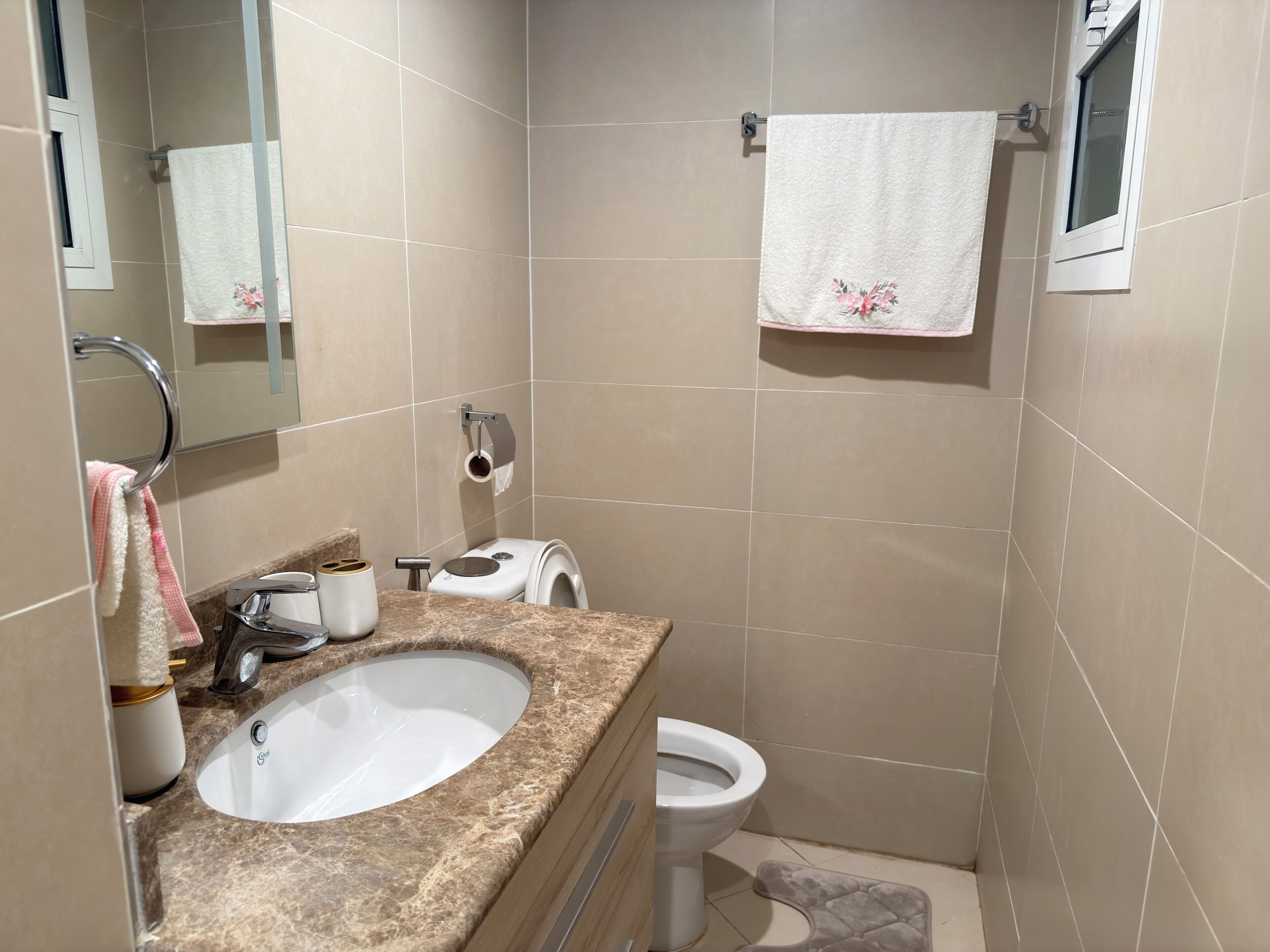 Une salle de bain comprenant un lavabo, des toilettes et un espace douche.