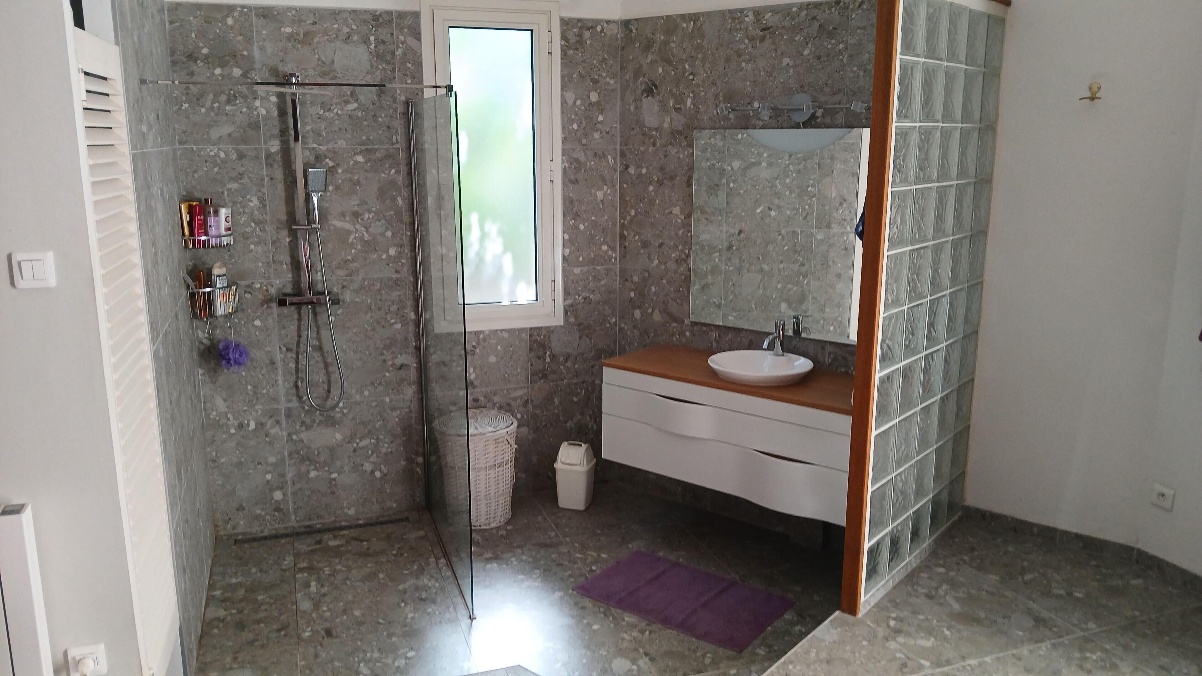Une salle de bain avec une douche, un lavabo et un miroir.