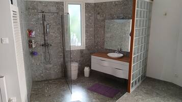Une salle de bain avec une douche, un lavabo et un miroir.