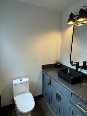 A modern bathroom with a toilet, a sink, and a mirror. - Speak Easy Eugene, Oregon. Located between Downtown and Whiteaker District (Eugene)