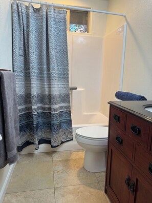 Un baño con ducha, inodoro y tocador de madera.