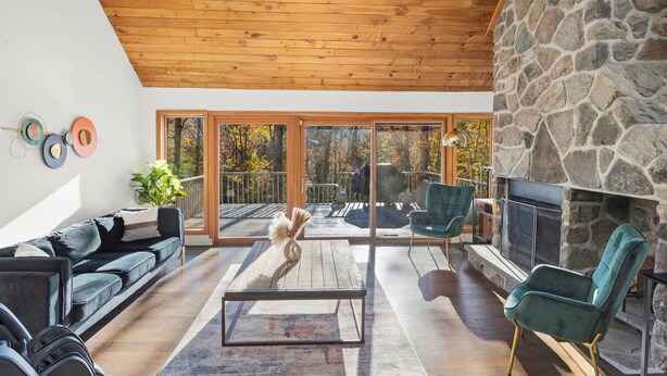 Una sala moderna con chimenea de piedra, un sofá, una mesa de centro y vistas a una terraza de madera.