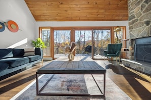 Ein modernes Wohnzimmer mit Holzboden, einem Kamin aus Stein, einem Sofa, einem Couchtisch und Blick auf Bäume durch große Fenster.