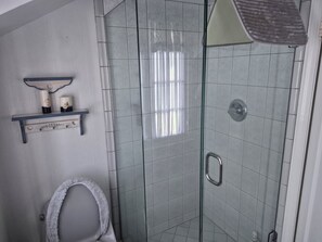Ducha, bañera de hidromasaje, toallas, jabón