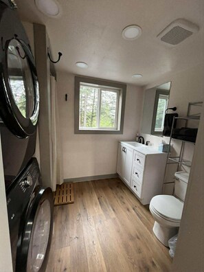 Hair dryer, towels, soap, toilet paper