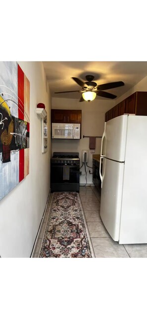 Una cucina compatta con forno a microonde, piano cottura e frigorifero. Si nota un ventilatore a soffitto e un tappeto decorativo al pavimento.