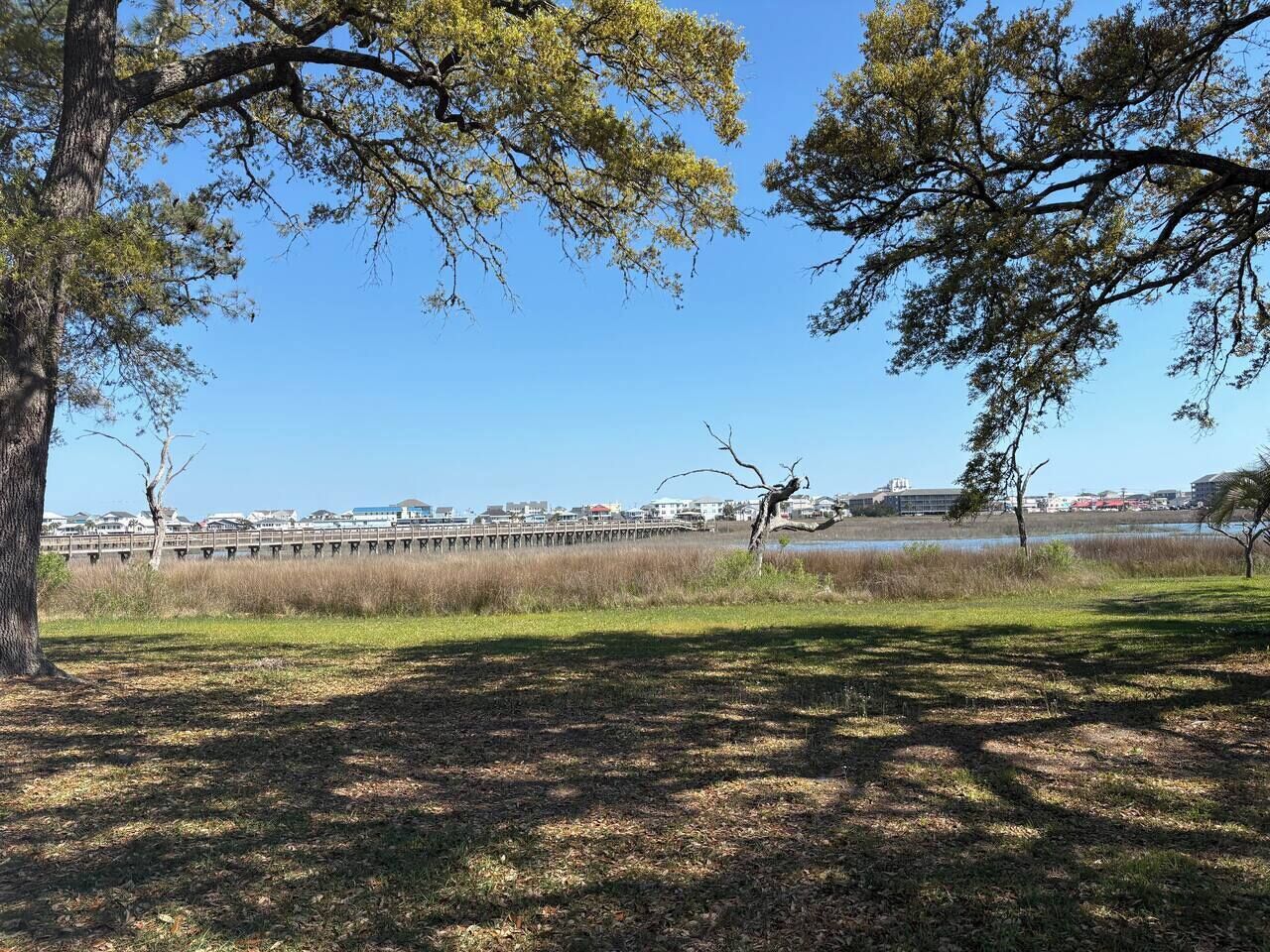 Un parque frente al agua con árboles, césped y un puente al fondo.