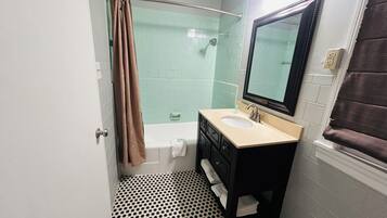 Une salle de bain équipée d’une baignoire, d’un lavabo, d’un miroir et d’un espace douche.
