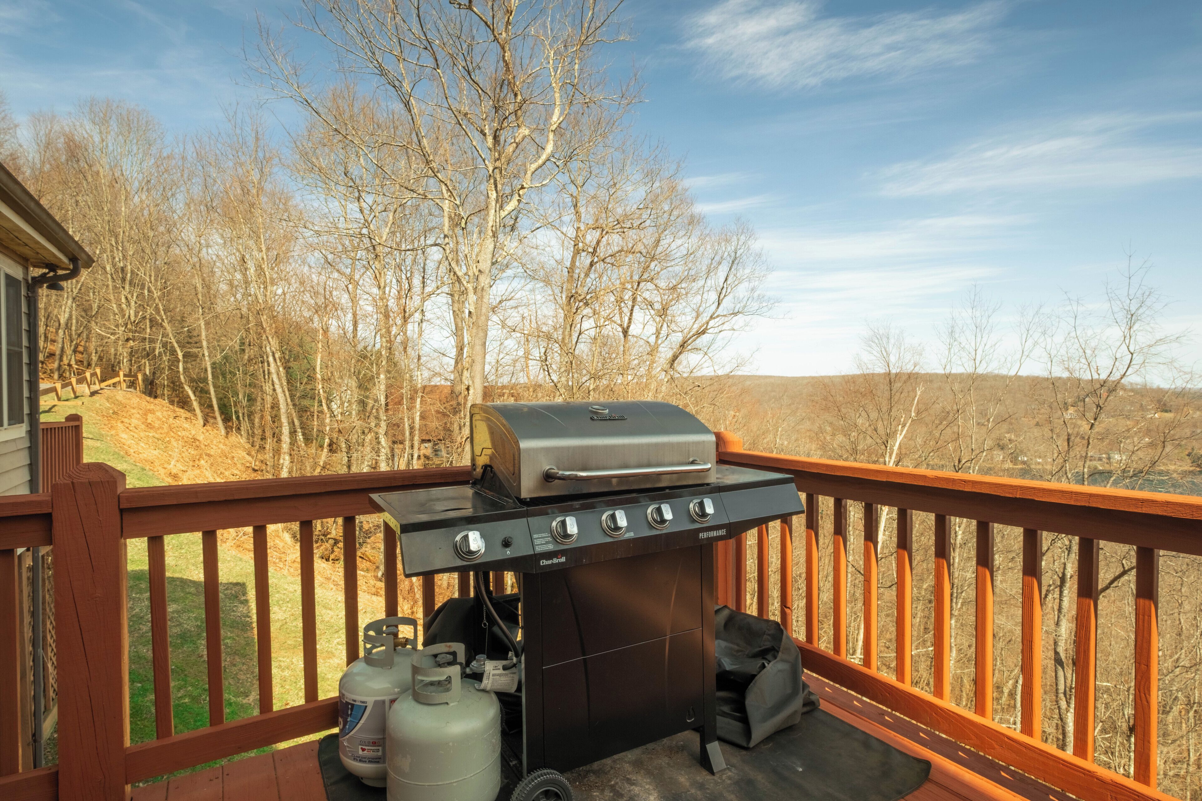 Un barbecue installé sur une terrasse en bois, avec vue sur des arbres sans feuilles et un ciel dégagé.