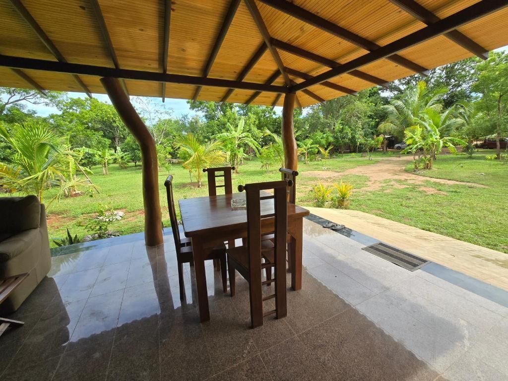 A covered outdoor seating area with a table and chairs, surrounded by a lush garden with palm trees and a grassy lawn.