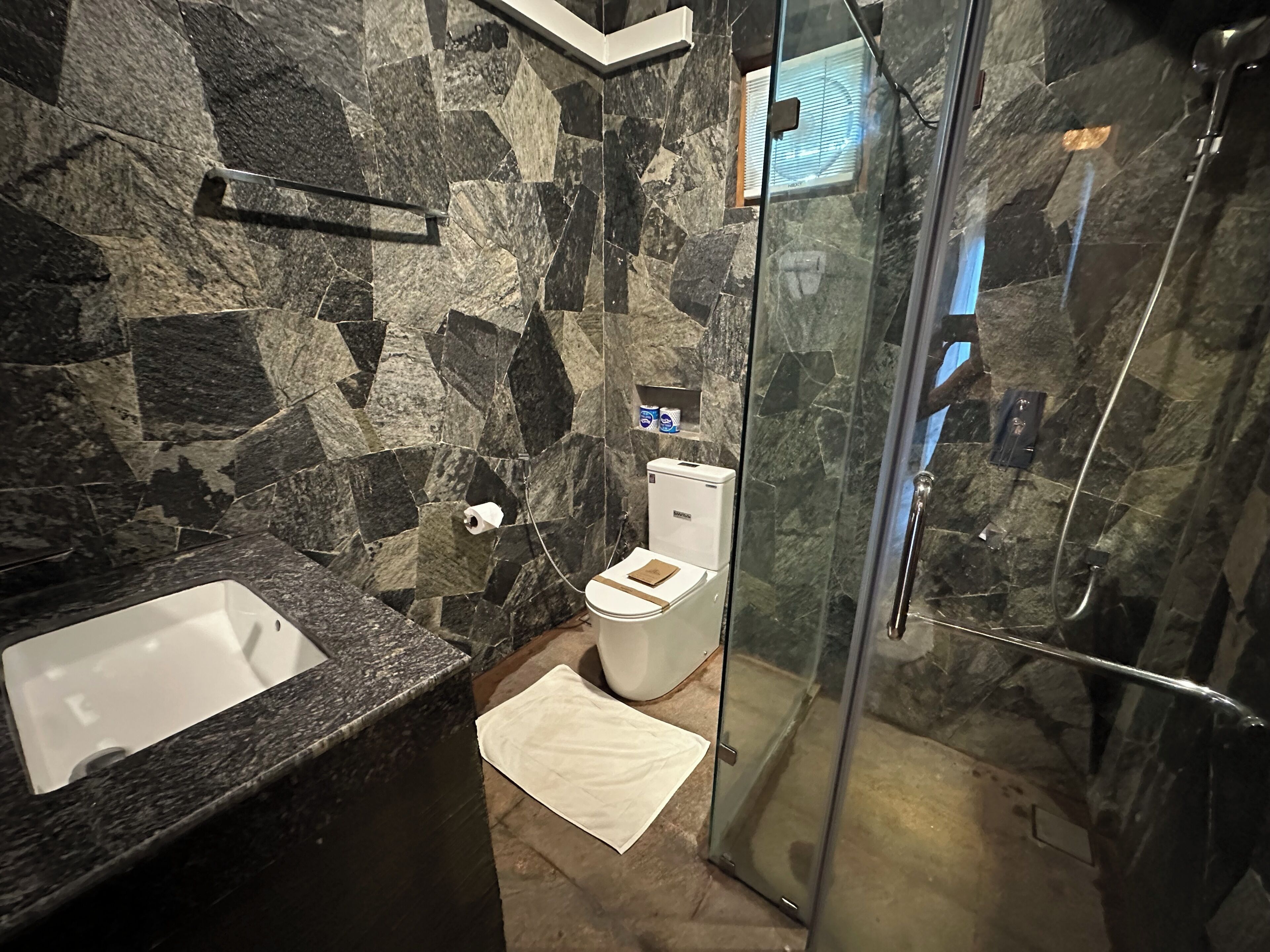 Une salle de bain dotée d’une douche à parois de verre, de toilettes et d’un lavabo avec un plan de travail en marbre.