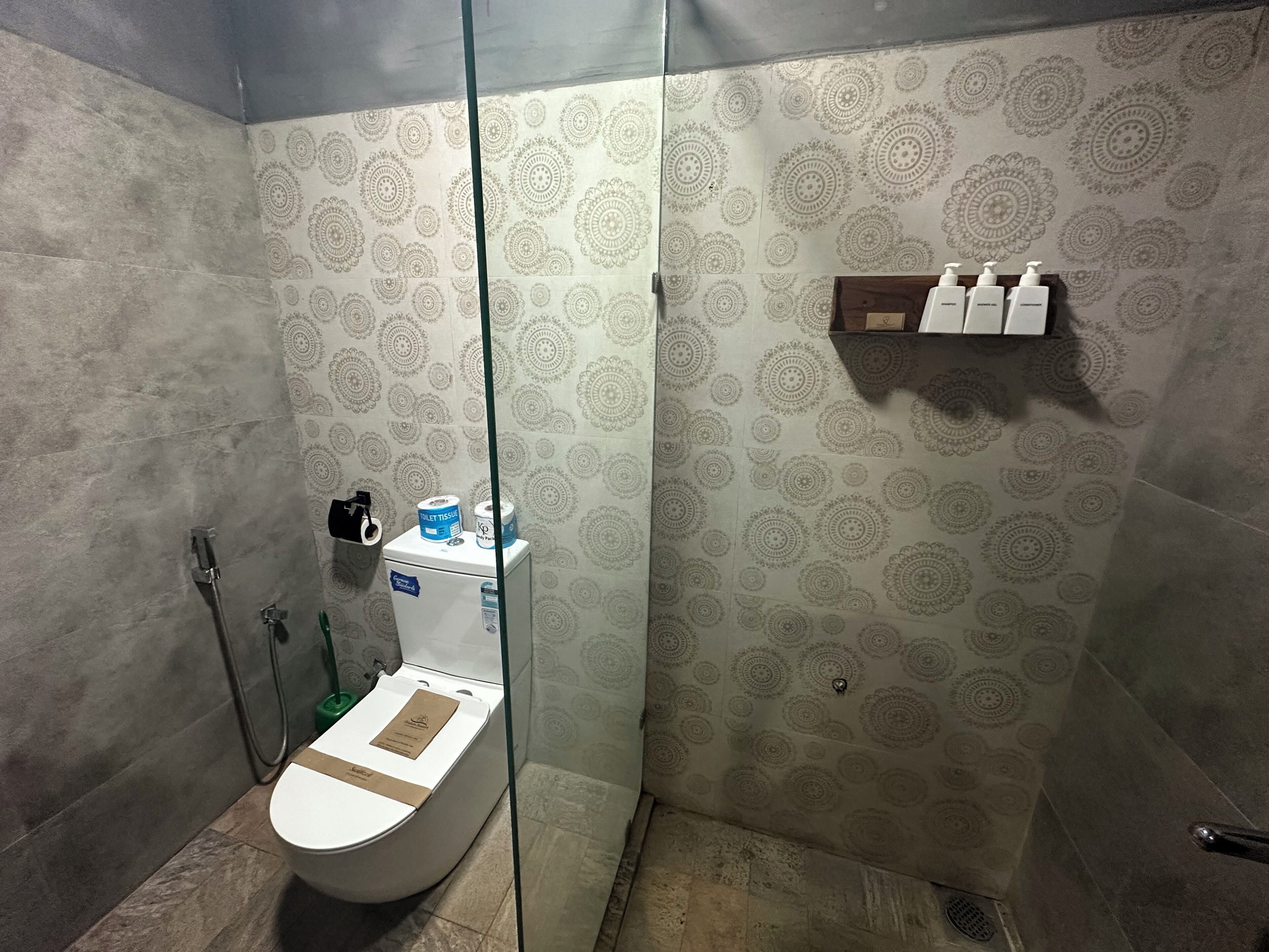 Ducha con inodoro, separador de vidrio, azulejos decorados en la pared y repisa con artículos de aseo.