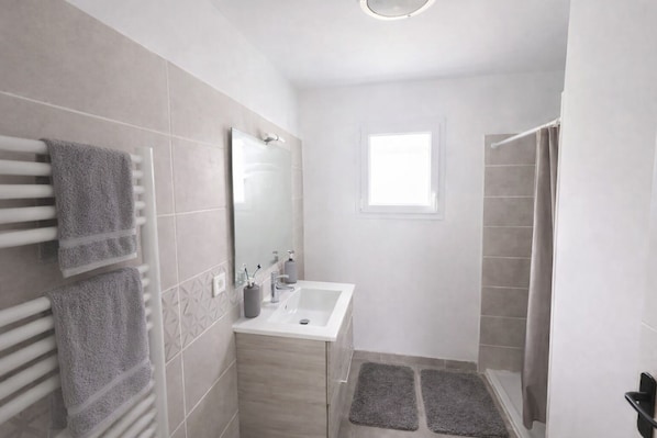 Hair dryer, towels, soap