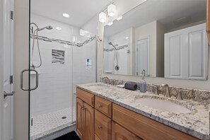 Shower, towels - Soundside Solace 5BR w/ Elevator + Dock Views (North Topsail Beach)