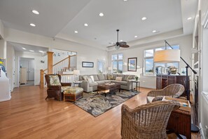 Smart TV, fireplace, books - Soundside Solace 5BR w/ Elevator + Dock Views (North Topsail Beach)