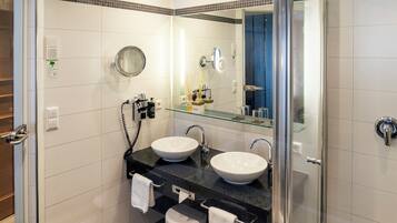Hair dryer, towels, soap, shampoo