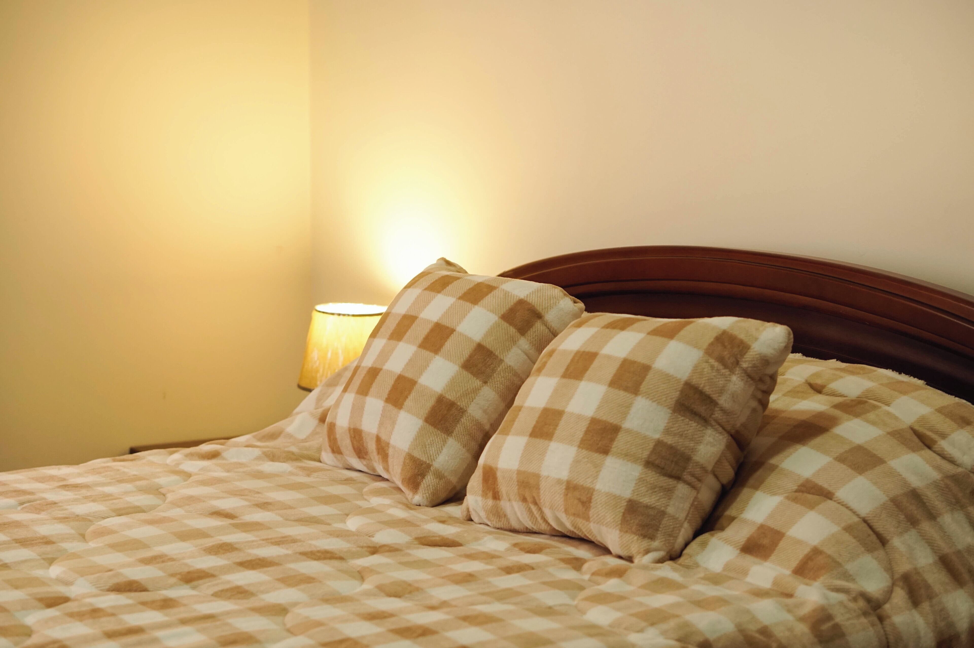 Una cama con colcha a cuadros y dos almohadas, una lámpara de noche y un cabecero de madera.