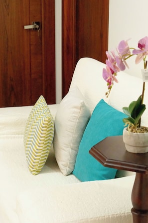 A white sofa with patterned pillows, a wooden door in the background, and a potted plant on a table.