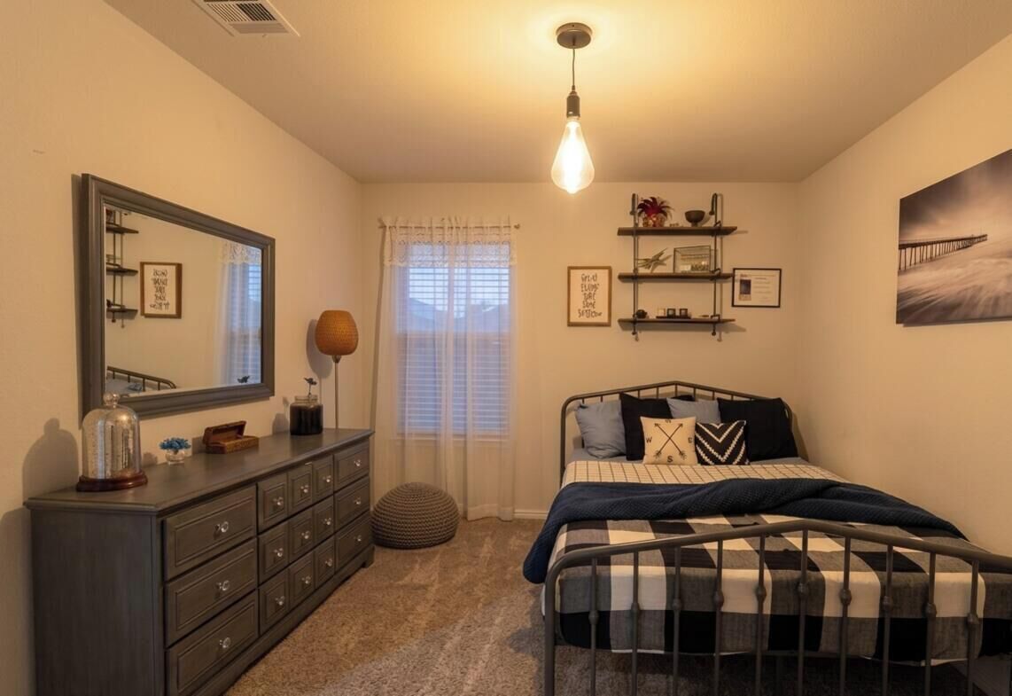 Ein Schlafzimmer mit Bett, Kommode, Spiegel und Regalen mit Gegenständen.