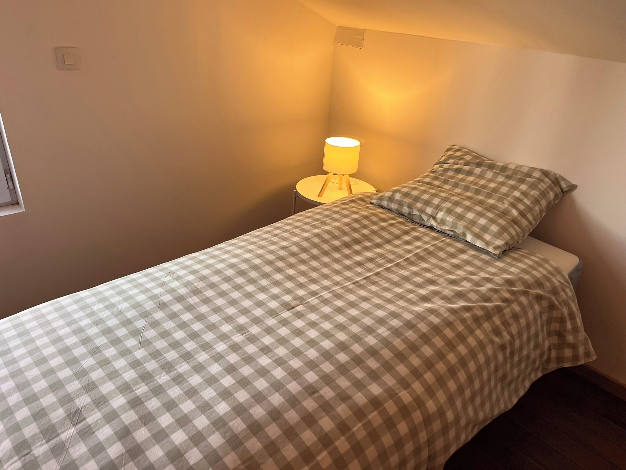 Una cama individual con una colcha a cuadros, una lámpara de noche y una almohada.