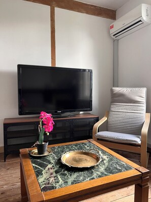 Un salon comprenant un téléviseur à écran plat, un fauteuil confortable, une table basse ornée d’une assiette décorative et un pot d’orchidée.
