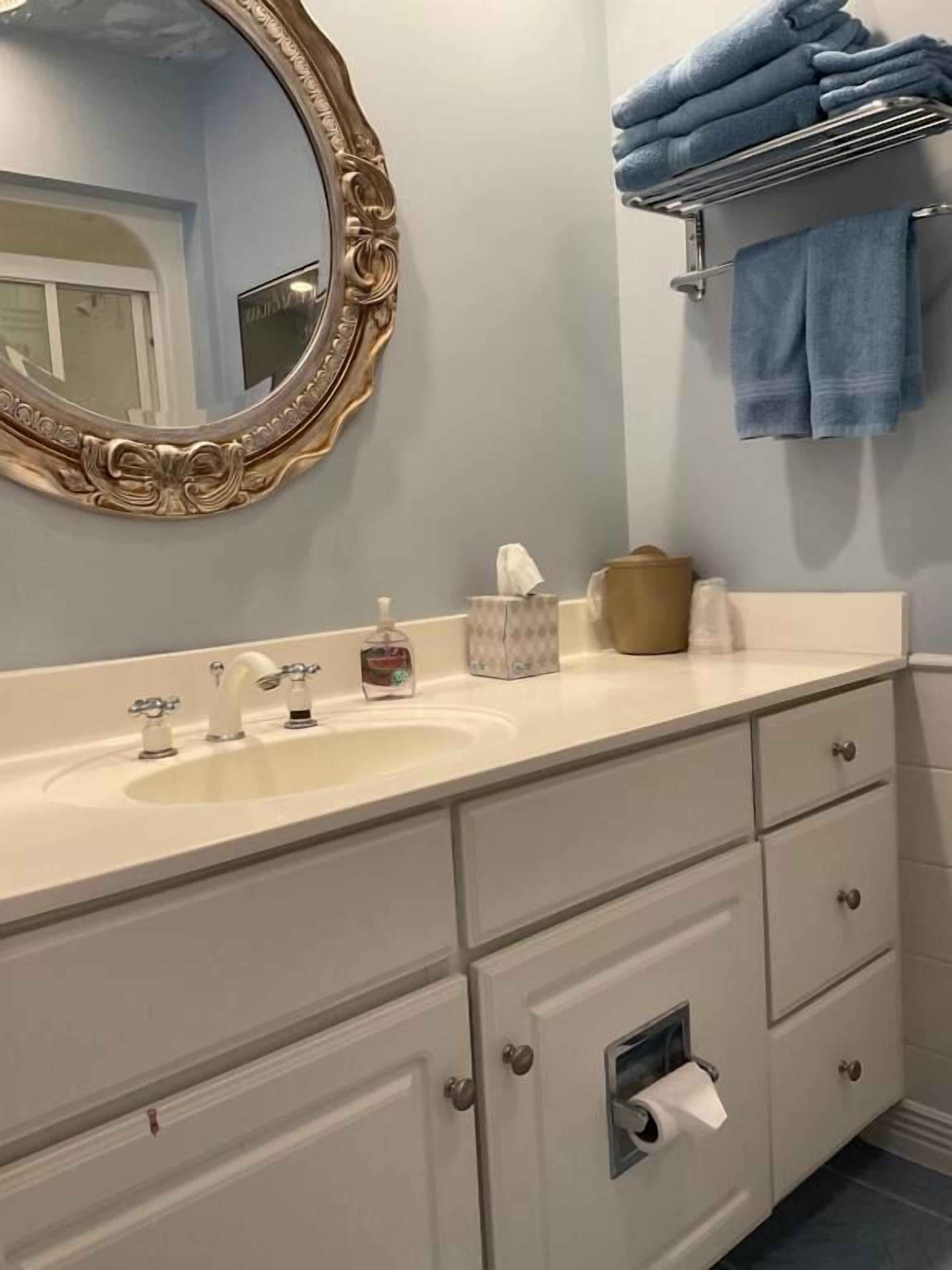 A bathroom with a double sink, a mirror with an ornate frame, a towel rack with folded towels, and a toilet paper holder.