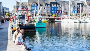 A waterfront scene with a dock, boats, and colorful buildings in the background. - "Roches Douvres": Apartment in old Paimpol (Paimpol)