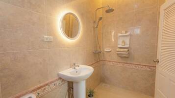 Hair dryer, towels, soap, toilet paper