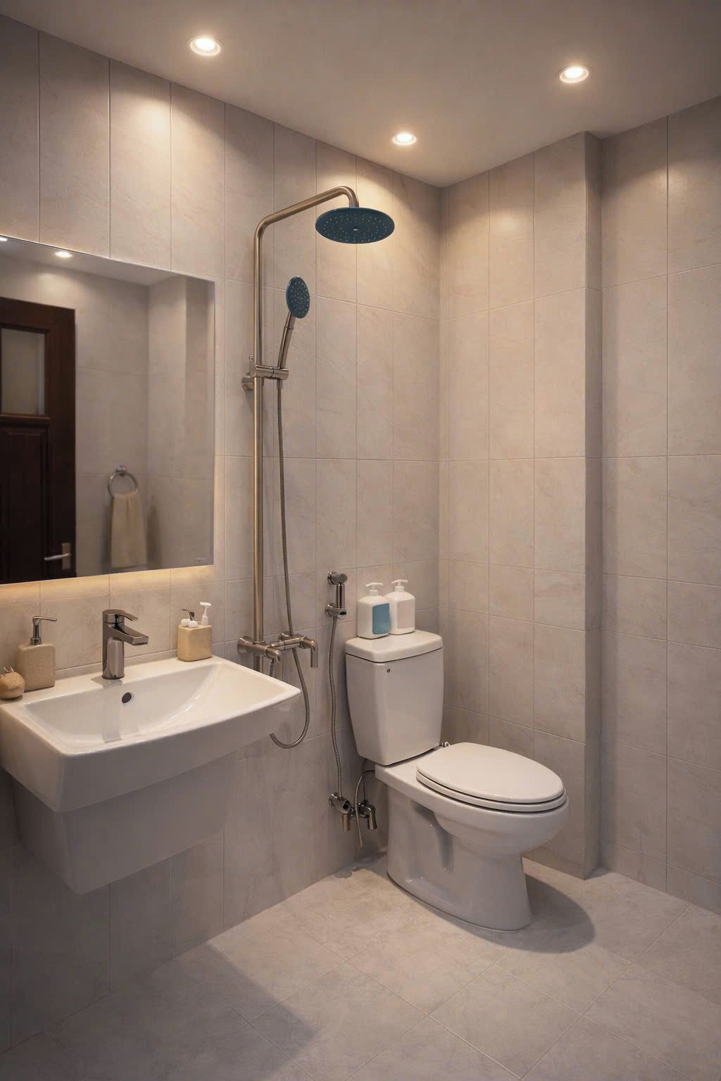 Un baño moderno con lavamanos, inodoro y ducha.