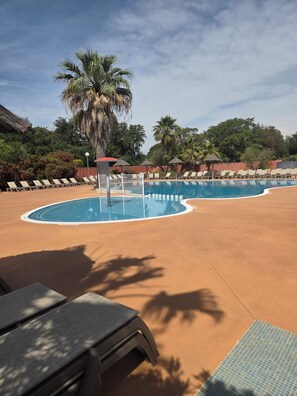 A swimming pool with lounge chairs and a palm tree. - Mobilhome in a 3* campsite in argeles sur mer sleeps 6 (Argelès-sur-Mer)