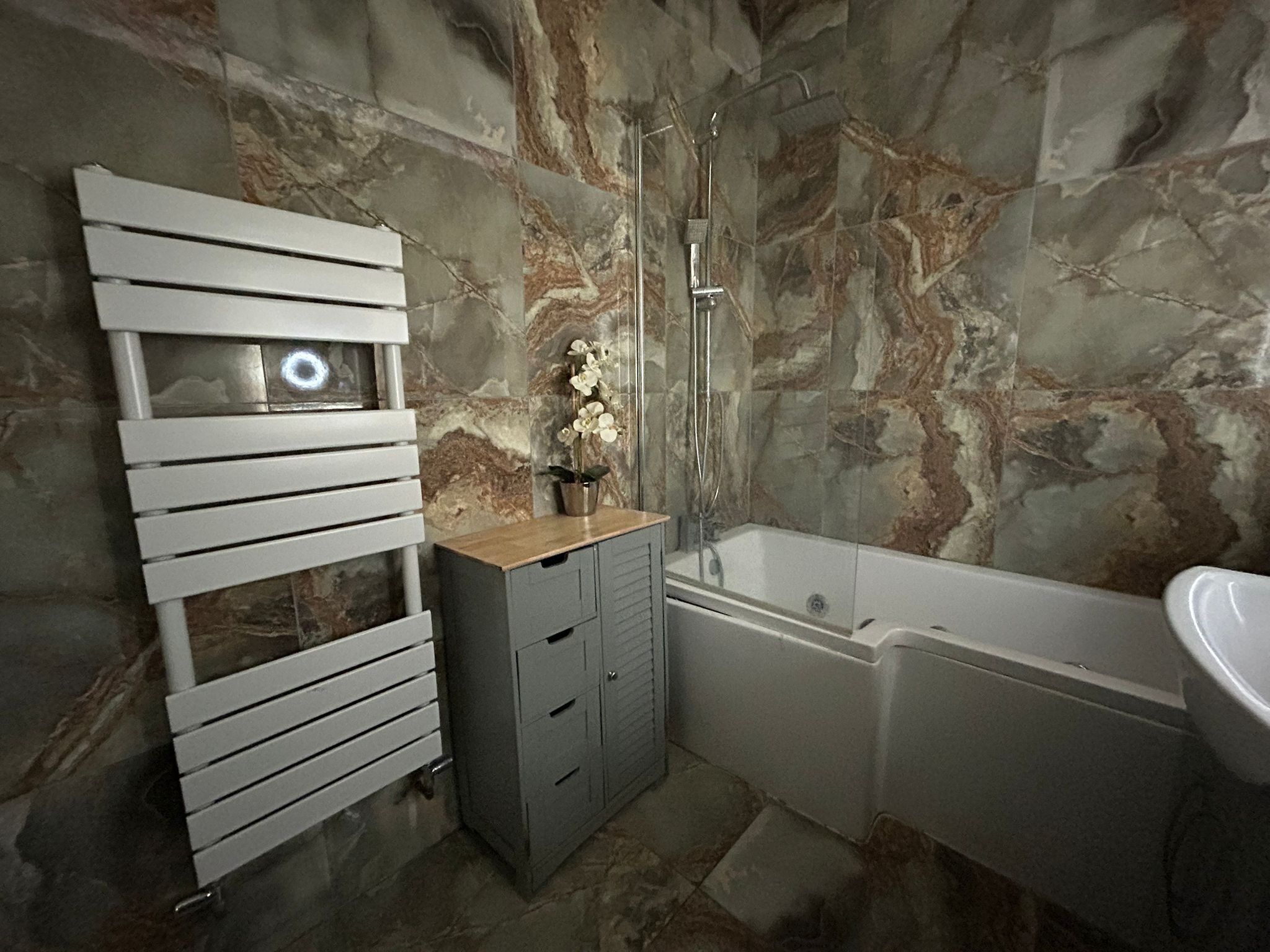 Jetted tub, towels, soap, toilet paper