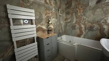 Jetted tub, towels, soap, toilet paper