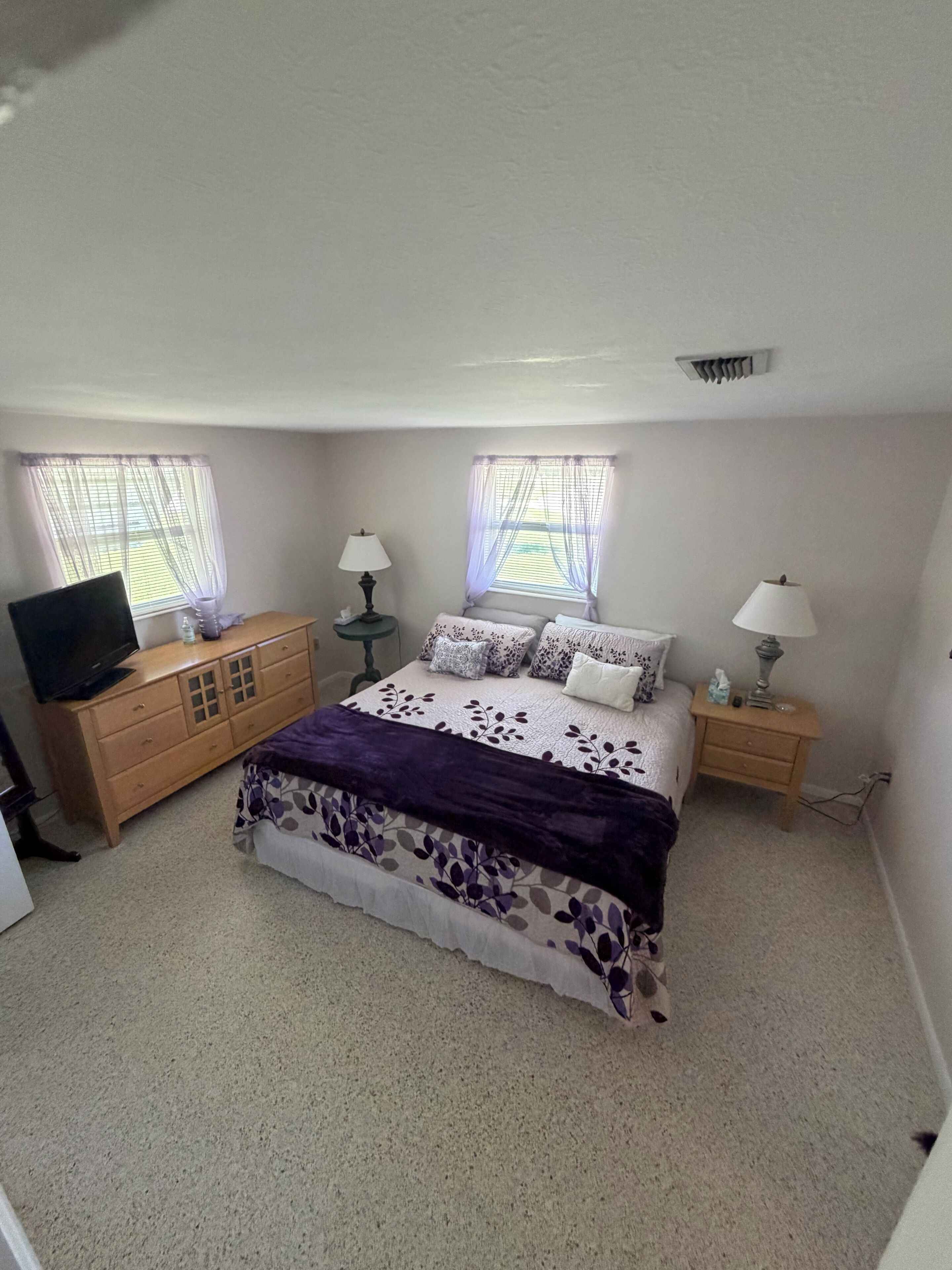 A bedroom with a bed, two bedside tables, a TV on a dresser, and two windows with curtains.