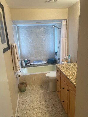 A bathroom with a bathtub, toilet, vanity, and a shower area. - Poolside Cozy 2 bedroom pet friendly perfect getaway (Port Charlotte)
