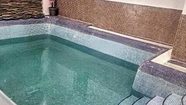 A swimming pool with a stone wall and a potted plant.