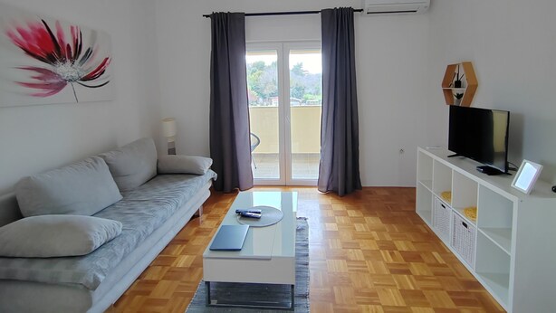 A modern living room with a sofa, coffee table, TV, and a view through the glass door. - Apartman Roko Pula -blizu centra i plaža, mirna lokacija (Pula)
