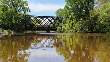 Un pont enjambe une rivière paisible, bordée de chaque côté par une végétation dense.