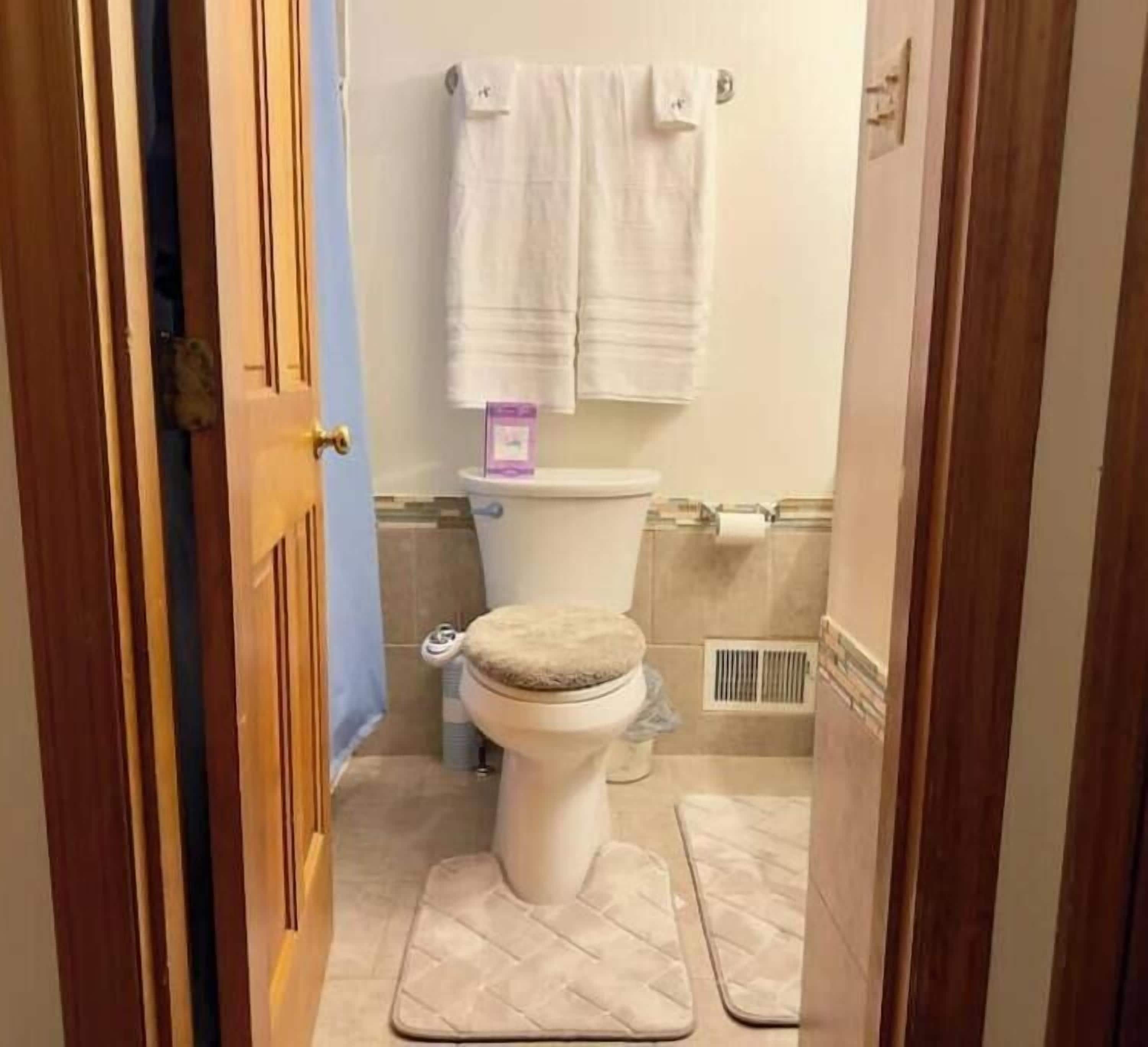 Secadora de cabello, bidet, toallas, papel de baño 