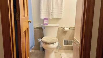 Secadora de cabello, bidet, toallas, papel de baño