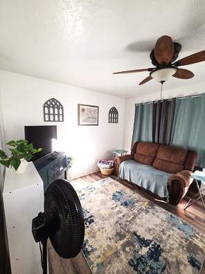 A living room with a sofa, a ceiling fan, a television, a plant, and a patterned rug. - Fabulous 3-bedroom house with AC in enjoyable Lumberton (Lumberton)