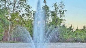 Ein Springbrunnen mit Wasserstrahlen in einer Parkanlage.