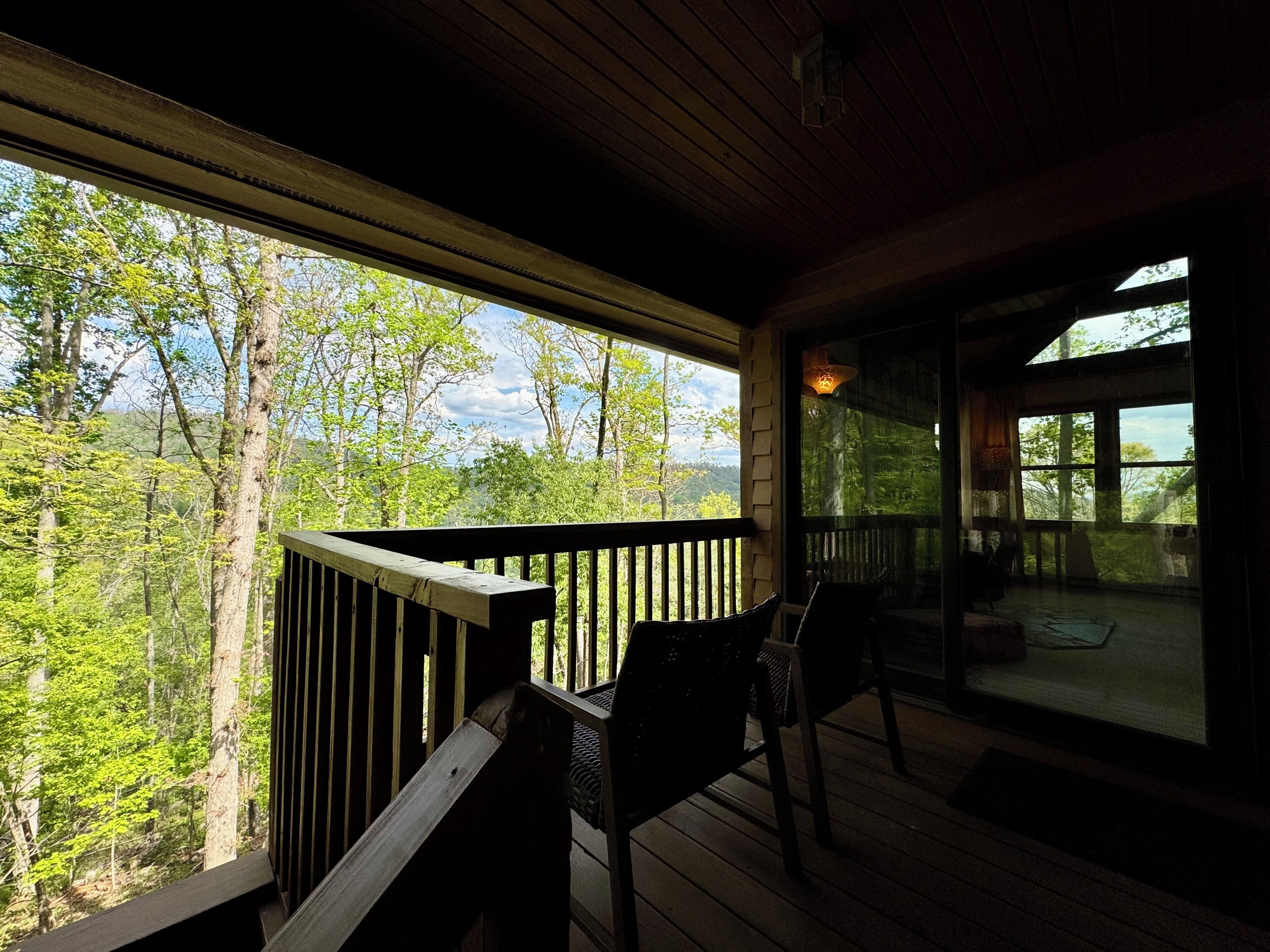 Une terrasse en bois avec une rambarde, une chaise et une vue sur une zone boisée.