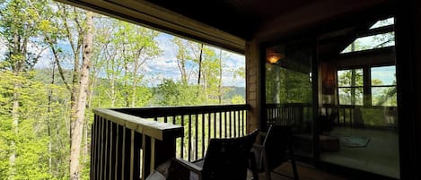 Une terrasse en bois avec une rambarde, une chaise et une vue sur une zone boisée.