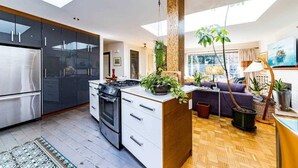 Una cocina moderna con tragaluz, electrodomésticos integrados y una isla central decorada con plantas.