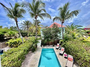 A swimming pool with lounge chairs and palm trees.