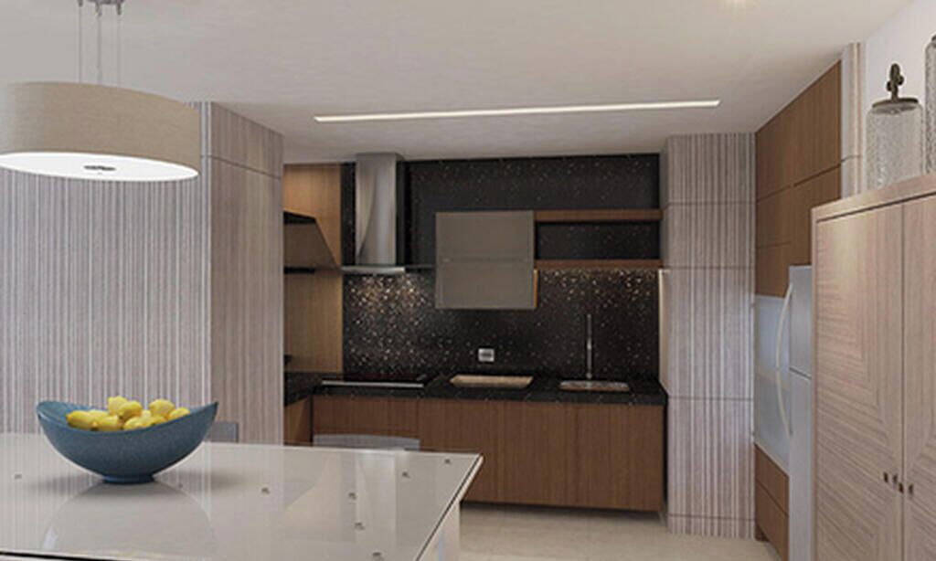 A modern kitchen with a central island, a built-in stove, and a large window.